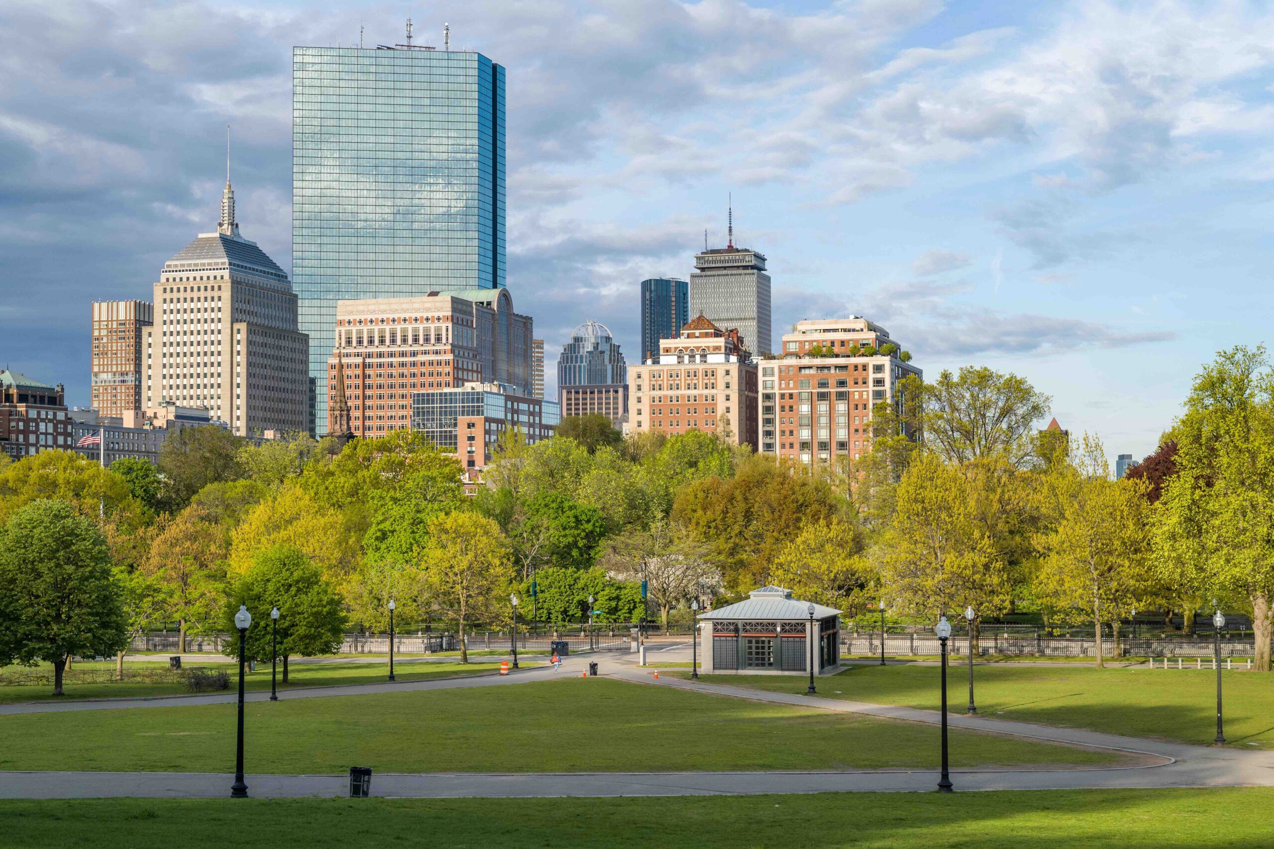 Boston skyline viewed through the Boston Commons.